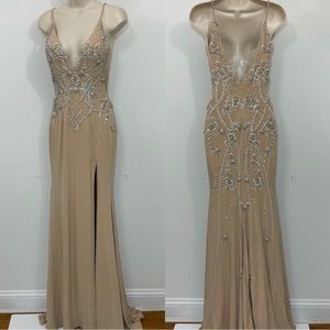 Jovani Beige Gown Dress with Silver Beading & Embellishments, Size 4